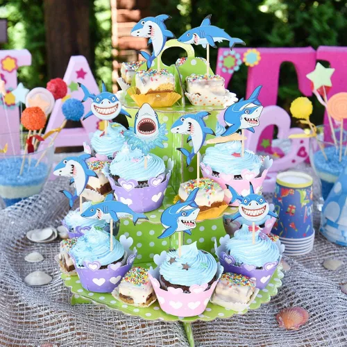 Vista 5 de Decoración para cupcakes de tiburón, 40 piezas de palillos de tiburón, decoraciones de cupcakes de tiburón para fiestas temáticas de tiburón
