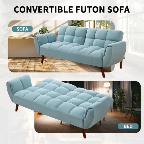 Vista 3 de Sofá cama futón convertible, sofá cama de lino, 75 pulgadas de ancho, moderno sofá capitonado de 3 plazas con respaldos ajustables y patas de madera