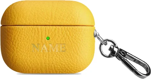 Vista 6 de Funda de cuero con iniciales personalizadas compatible con Airpods Pro, funda vegana de lujo con llavero con nombre personalizado en relieve y Negro