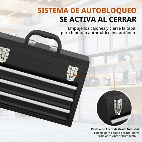 Vista 4 de Caja de herramientas portátil de metal con cajones, caja de herramientas con cierres y forros EVC, cofre de herramientas resistente con Negro