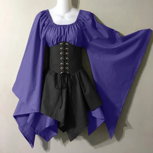 Vista 2 de Tintwwg Disfraz medieval renacentista, falda de corsé acampanado y falda sobrefalda élfica arquero irlandés sobre vestido