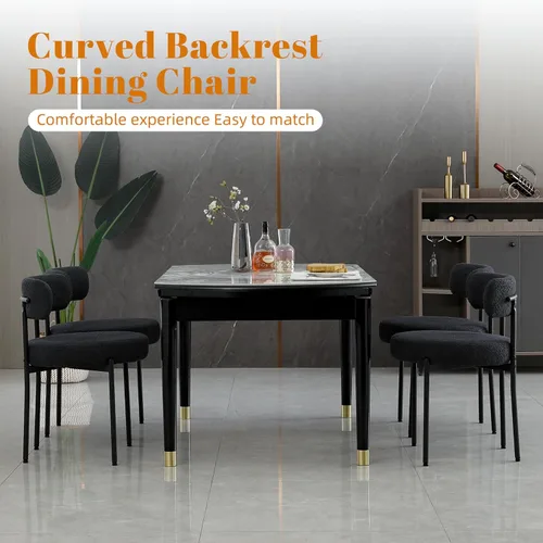 Vista 5 de DYHOME - Juego de 2 sillas de comedor de bouclé negro, sillas de cocina modernas de mediados de siglo con respaldo curvo y patas de metal, sillas