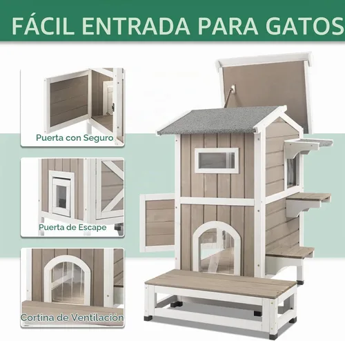 Vista 5 de Casa para gatos de varios niveles para exteriores, resistente a la intemperie con balcón, refugio de 4 puertas