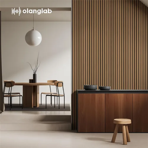 Vista 2 de Olanglab Paquete de 4 paneles de pared con listones de madera, paneles de pared acústicos de madera, 94.5 x 12.6 pulgadas cada uno, paneles de pared