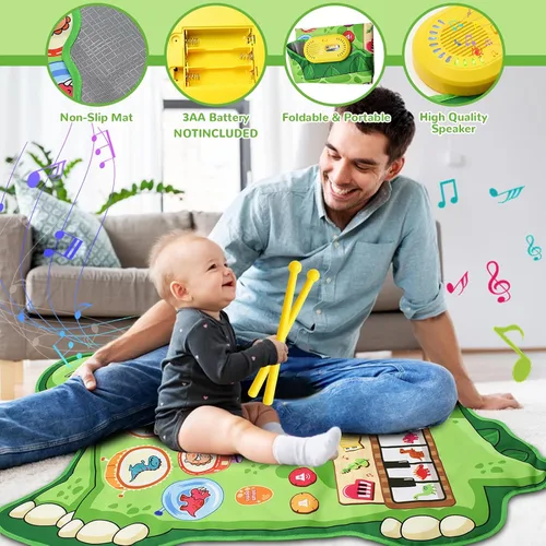 Vista 6 de Cyiecw Tapete musical de dinosaurio 3 en 1, tapete de piano para jugar, regalo para niñas de 1, 2 y 3 años, juguetes sensoriales de aprendizaje