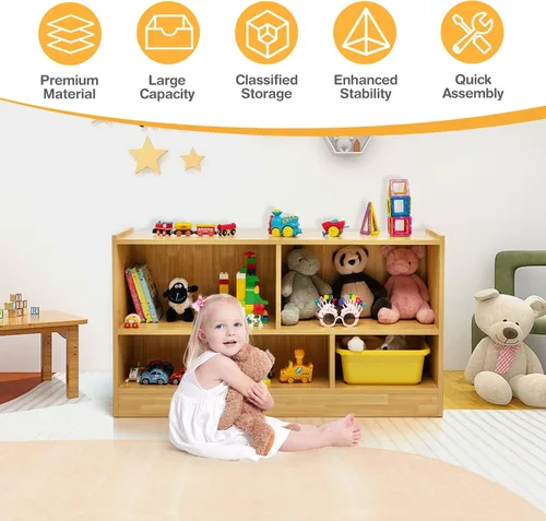 Vista 7 de MEDIMALL Organizador de almacenamiento de juguetes para niños de 5 cubos, estante de almacenamiento de madera de 2 niveles para libros y juguetes