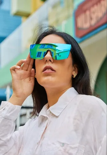 Vista 7 de FEISEDY Gafas de sol sin montura de gran tamaño con espejo para mujeres y hombres, con parte superior plana, escudo cuadrado UV400 B2761, 70mm