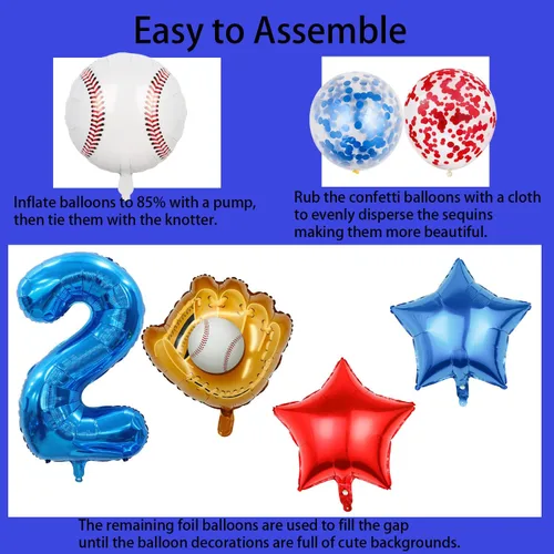 Vista 3 de Globos de béisbol de papel de aluminio para decoración de cumpleaños, globos con el número 2, globos de confeti de estrella roja y azul