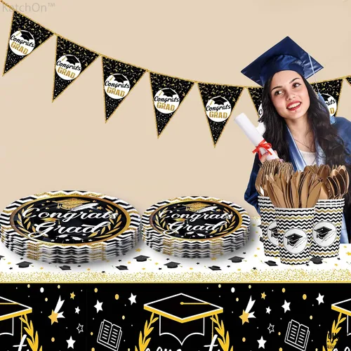 Vista 2 de KatchOn, Platos y servilletas de graduación 2025 – Juego de 25 Platos y servilletas de felicitaciones, vasos, mantel de graduación Suministros