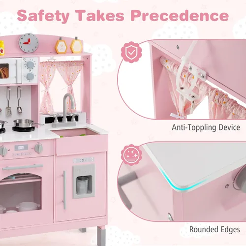 Vista 6 de Costzon Juego de Cocina para Niños, Juguetón de Madera de Pequeño Chef con 3 Alturas Ajustables, Barra de Toallas, Cortinas, Microondas, Estufas