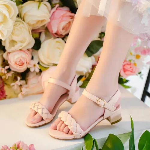 Vista 2 de Sandalias para niñas, tacones para niños, puntera abierta, correa al tobillo, zapatos de vestir, flores para boda, fiesta para niños pequeños