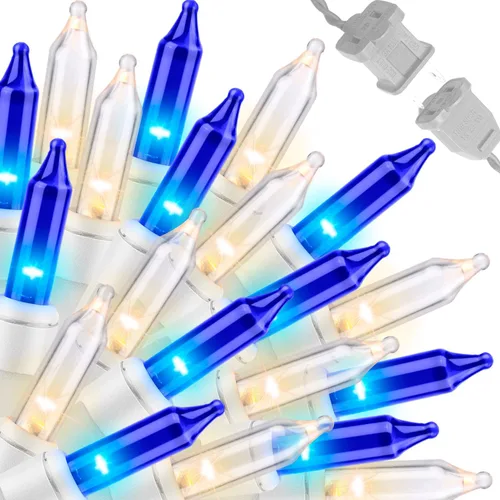 Vista 22 de LAMPHOME Guirnalda de luces LED de estrella roja, blanca y azul, 20 luces LED de hadas con cable transparente, 3 AA impermeables, 8 modos, luces