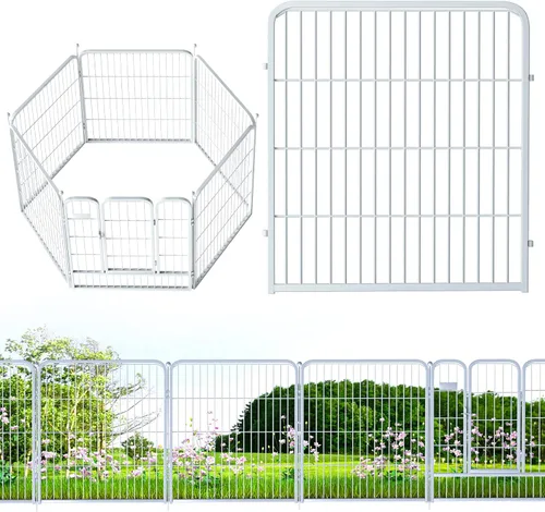 Vista 8 de Valla de jardín al aire libre con puerta, paquete de 6 unidades de 32 pulgadas de alto x 14 pies de largo, metal resistente, valla decorativa