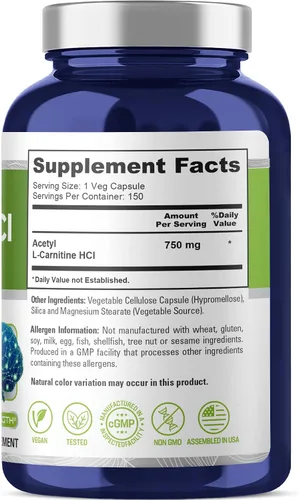 Vista 2 de NusaPure Acetil L-carnitina 750 mg por cápsula 150 cápsulas vegetales (sin OMG, sin gluten) Acetilo L Carnitina HCL de alta potencia (ALCAR)