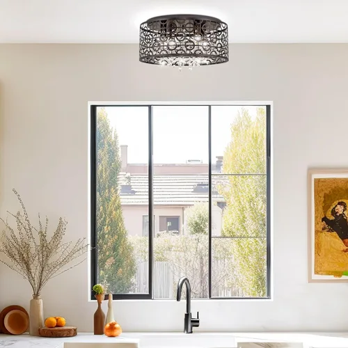 Vista 6 de Kira Home Brielle - Lámpara de techo moderna de 15 pulgadas, pantalla de metal geométrico glamorosa de 4 luces con cristales en cascada, acabado