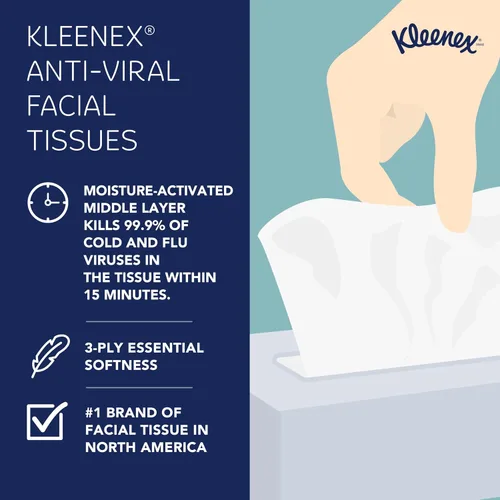 Vista 9 de Kleenex Pañuelo facial antiviral profesional, a granel (21286), 3 capas, blanco, formato vertical en caja, diseñado para negocios