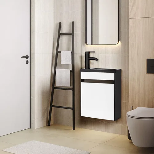 Vista 4 de UEV Tocador de baño pequeño de 16 pulgadas, mezclado en blanco y negro, montado en la pared con fregadero de cerámica y grifo negro esmerilado P-Trap