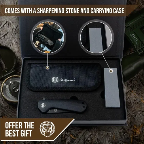 Vista 9 de Holtzman's Gorilla Survival Cuchillo plegable campesino con mango táctico G10, hoja de acero D2, juego de caja de regalo (negro) - Ideal para llevar