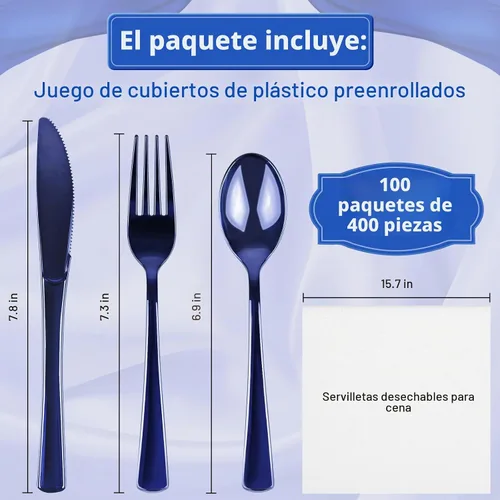 Vista 2 de Paquete de 100 cubiertos de plástico preenrollados azules, cubiertos enrollados azules con servilletas, juego de cubiertos de plástico preenrollados