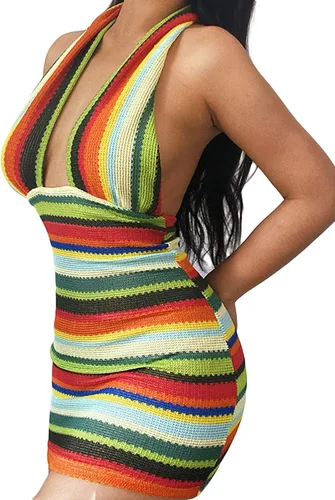 Vista 6 de Vestido de mujer sexy con cruz halter flaco para verano a la moda a rayas sin espalda de punto mini vestido club fiesta Streetwear