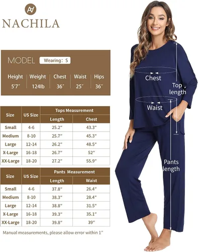 Vista 6 de NACHILA Conjunto de pijama de manga larga para mujer, pantalones largos suaves, pijamas de bambú con bolsillos, S-XL