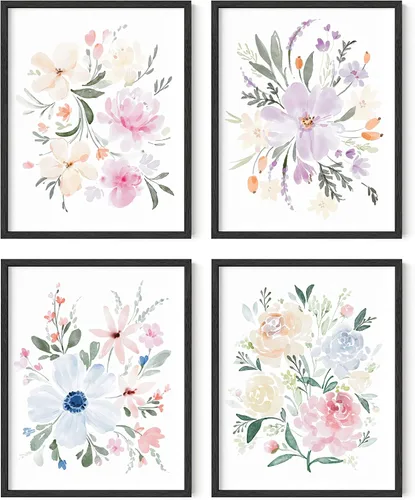 Vista 21 de HAUS AND HUES Arte de pared floral gris, juego de 4 pósteres de plantas para pared vintage, impresiones botánicas, cuadros de flores en blanco