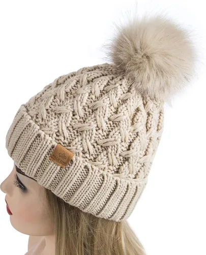 Vista 3 de PAGE ONE - Gorro de invierno para mujer, acanalado, de punto trenzado grueso, cálido y suave, con pompón