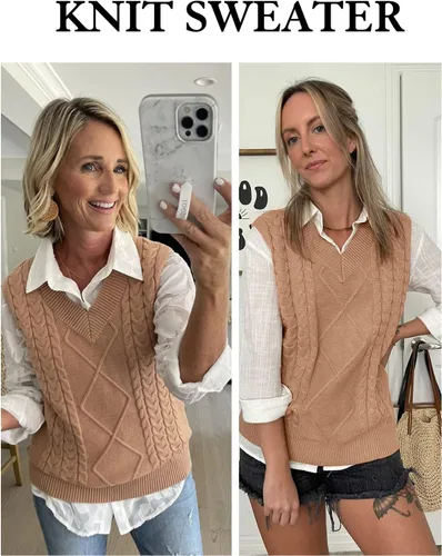 Vista 4 de NALANISA Suéter sin mangas con cuello en V para mujer, de gran tamaño, casual, holgado, de punto trenzado, sin botones, para otoño e invierno