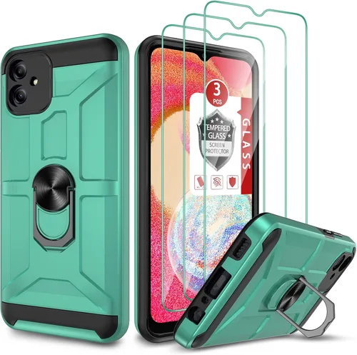 Vista 9 de Funda para Galaxy A04e, con [3X protector de pantalla de vidrio templado], soporte de anillo integrado y soporte magnético para automóvil a prueba