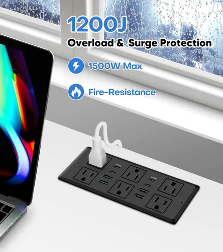 Vista 4 de Regleta de alimentación empotrada de 45W, protector de sobretensiones de montaje empotrado (1200J) con 6 tomas de CA y 8 puertos USB (4 USB-C)