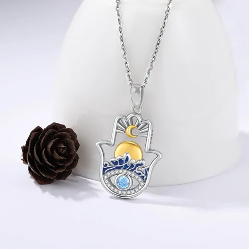 Vista 112 de Aniu Joyería de plata de ley 925 Hamsa de Fátima para mujer con circonita cúbica, viene con caja de regalo negra