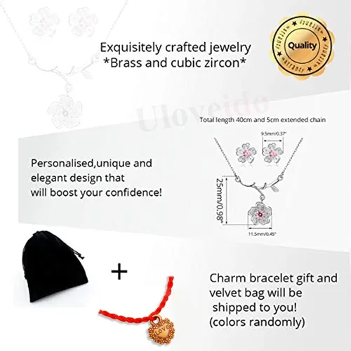 Vista 7 de Uloveido Juego de pendientes y collar de flores de piedra de cristal rosa púrpura para mujeres nupciales chapado en oro blanco DT340