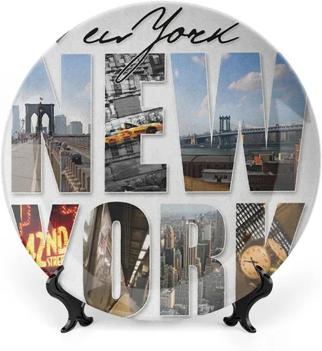 Vista 9 de XISUNYA Plato decorativo de 6 pulgadas, artesanía de cerámica de Nueva York, puente de Brooklyn y el horizonte de Manhattan bajo el amanecer rosa