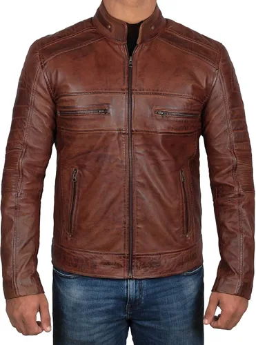 Vista 2 de Blingsoul Leather Jacket Men - Distressed Cafe Racer Leather Motorcycle Jacket Men