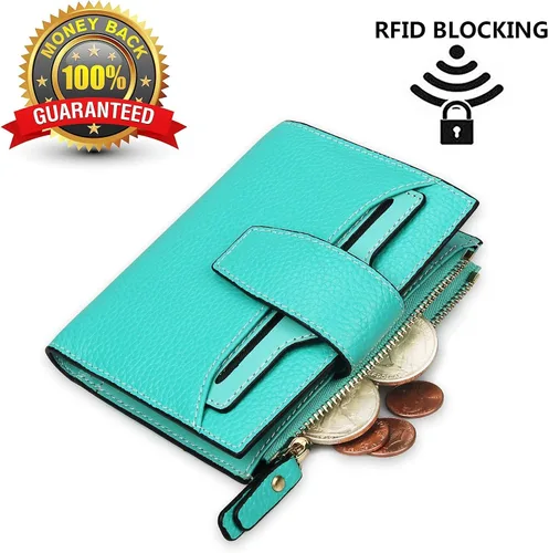 Vista 2 de FT FUNTOR RFID - Billetera de cuero para mujeres, tarjetero de mujer, pequeña billetera compacta de bolsillo con ventana para identificación