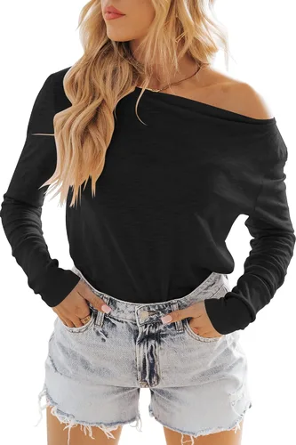 Vista 2 de Camisas casuales de manga larga para mujer, cuello barco, lisas, sin botones, con hombros descubiertos