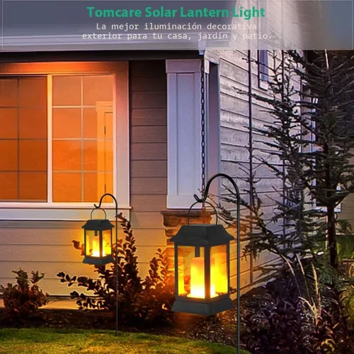 Vista 6 de TomCare Luces solares de metal con llama parpadeante para exteriores, faroles colgantes para exteriores, iluminación decorativa, funciona