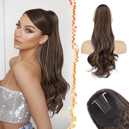 Vista 8 de BARSDAR Extensión de cola de caballo con cordón ondulado negro y marrón – 20 pulgadas con clip de cordón para mujer, extensiones de cabello Negro