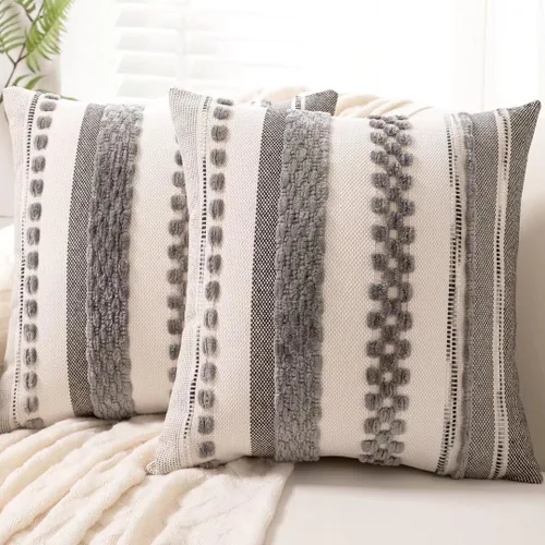 Vista 16 de Fundas de almohada decorativas estilo bohemio de 18x18, juego de 2, para sofá, cama, fundas de cojín cuadradas a rayas para granja, fundas