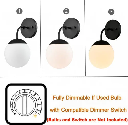 Vista 6 de Juego de 2 apliques de pared negros de estilo nórdico moderno con forma de globo lechoso para tocador de baño
