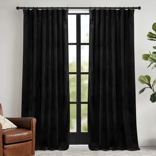 Vista 21 de RYB HOME Cortinas elegantes de terciopelo verde de 63 pulgadas de largo, bloqueo de luz, aislamiento térmico, elegantes cortinas de terciopelo
