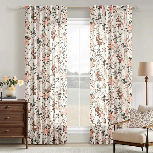 Vista 35 de Cortinas de lino de pájaro floral azul 2 paneles de 72 pulgadas de largo Aqua Blue