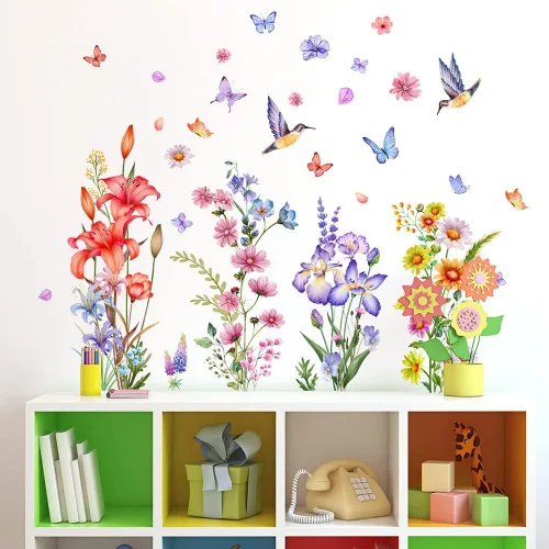 Vista 5 de Calcomanías de pared de plantas botánicas de rosas, 2 hojas de flores, mariposas, calcomanías de pared de PVC extraíbles para niñas, dormitorio Tipo