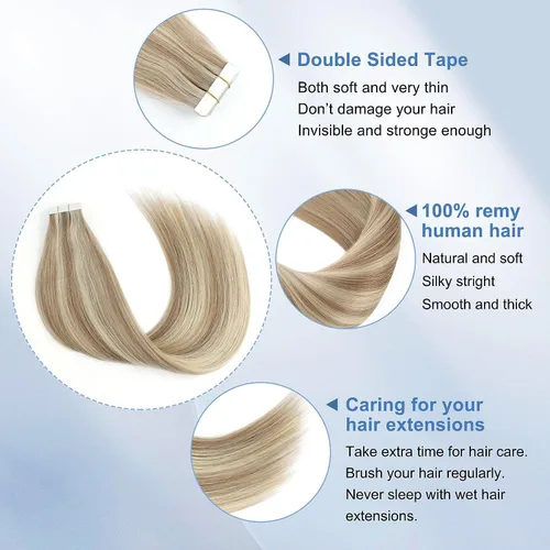 Vista 4 de Sixstarhair Extensiones de cabello con cinta adhesiva, color marrón claro, mezclado con rubio ceniza, sin costuras, lacio, 18 pulgadas, 1.76 onzas
