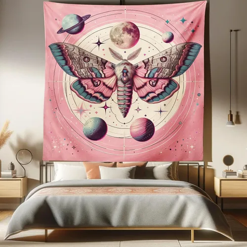 Vista 79 de Ambesonne Tapiz bohemio, diseño floral de bruja, luna y mariposa con adornos de mandala, decoración de tela para colgar en la pared para dormitorio