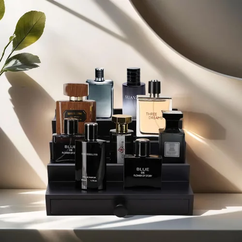 Vista 2 de 4 Tier Men's Cologne Organizer, Black Wooden Display Stand with Drawer Negro-4 niveles