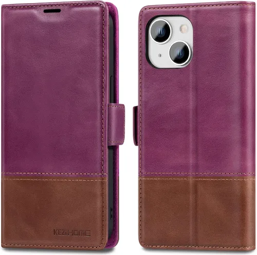 Vista 21 de KEZiHOME Funda para iPhone 15, de piel auténtica, bloqueo RFID, carcasa interior de TPU, cierre magnético, ranura para tarjetas, a prueba de golpes