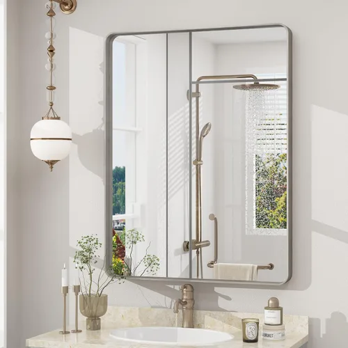 Vista 139 de Paquete de 2 espejos de baño con marco de metal negro de 22 x 30 pulgadas, espejo rectangular redondeado negro mate, antioxidante, se cuelga