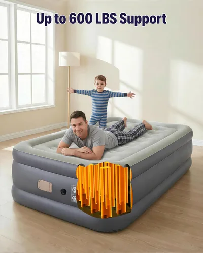 Vista 7 de A-ER-FA - Colchón de aire individual integrado de 20 pulgadas, colchón inflable elevado cómodo con cabecera y portavasos, cama de aire de inflado