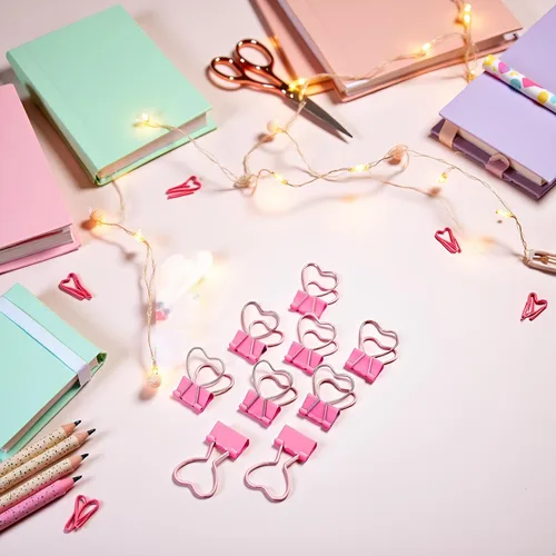 Vista 5 de Clips de metal ahuecados con forma de corazón rosa, notas, cartas, abrazaderas de papel, suministros de oficina, hogar, escuela